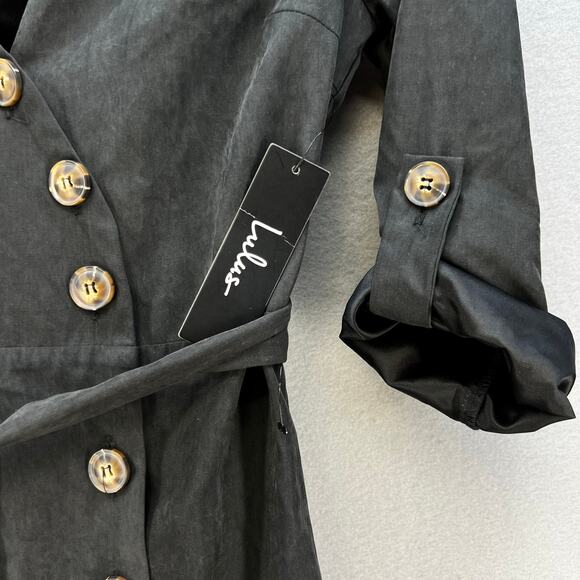 Lulus Dress Women's M Black Button Up Belted Adjustable Sleeve V-neck NWT - Picture 4 of 13